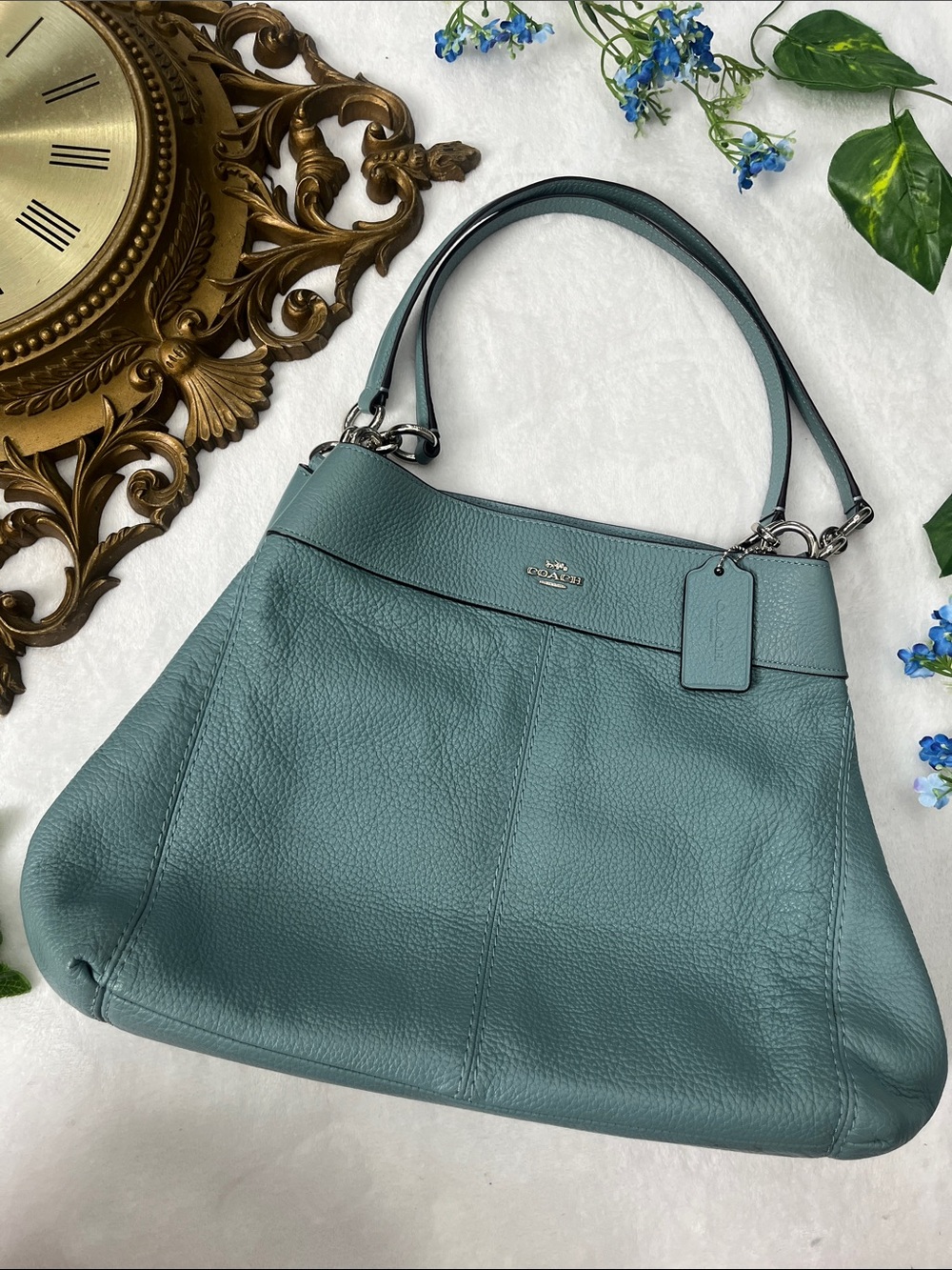 Coach Blue Pebbled Leather Shoulder Bag with Silver Hardware